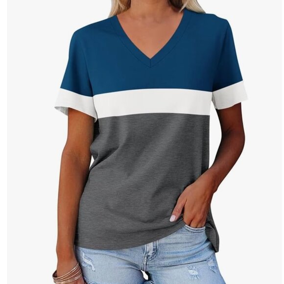 3/$20 EUC Minetom Women's Color Block Short Sleeve V-Neck Soft Tee Shirt Large - Picture 8 of 12